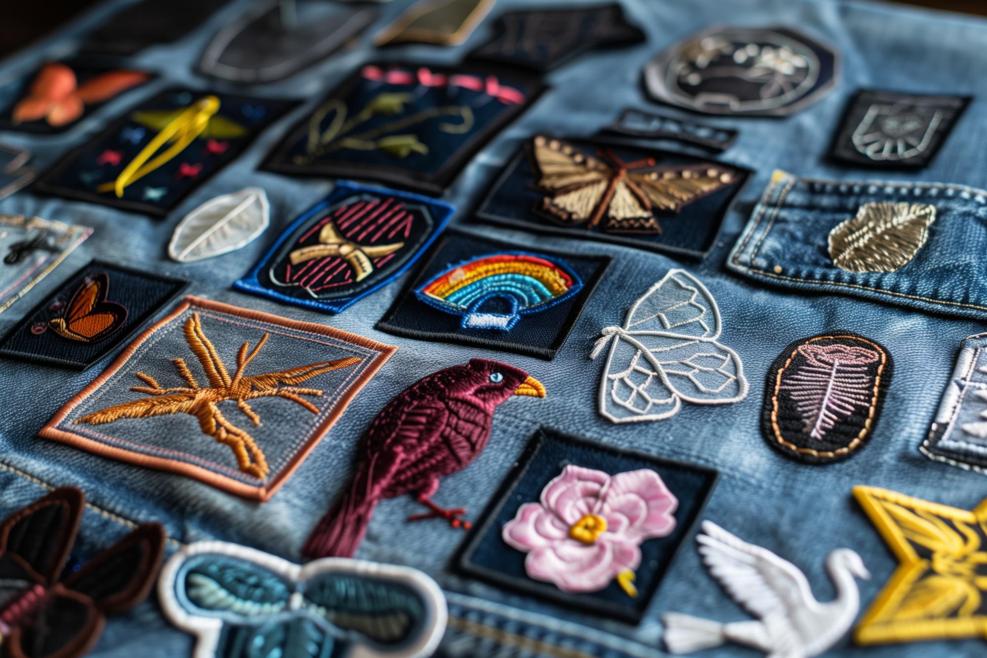 assortment of embroidered patches and apparel